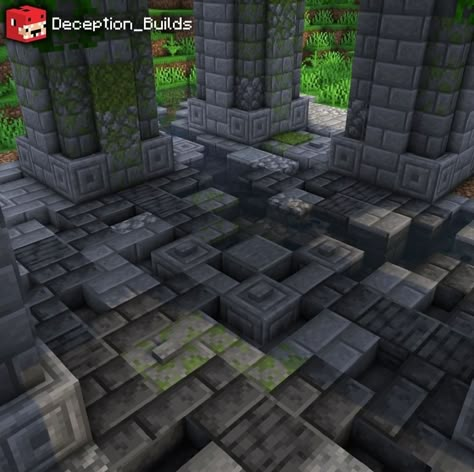 Minecraft Jungle Wall Designs, Minecraft Stone Wall Texturing, Minecraft Floor Designs Deepslate, Minecraft Dark Castle Interior, Minecraft Deep Slate Build, Minecraft Dwarven Architecture, Minecraft Dwarven, Minecraft Ruins, Minecraft Temple