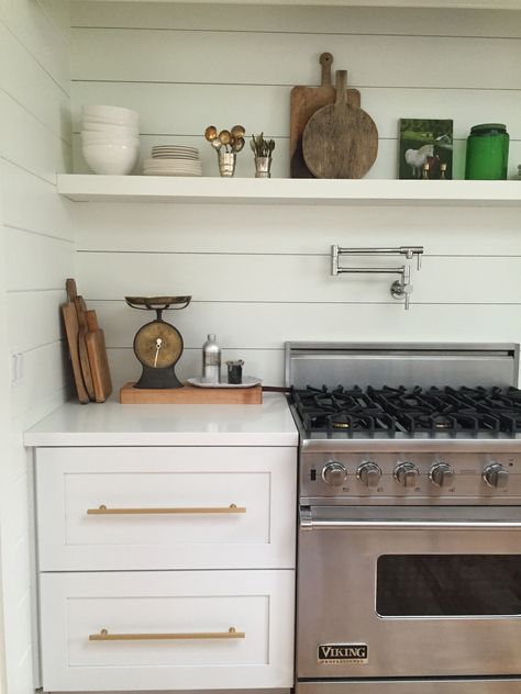 Backsplash is hardie board and shiplap walls.  Viking 6 burner stove. Single shelf sits above stove and Ceasarstone countertops.  Pot filler from Newport Brass. Shelf Above Stove, Ceasarstone Countertops, Kitchen Backsplash Peel And Stick, Slate Backsplash, Backsplash Diy, Hardie Board, Green Backsplash, Ranch Kitchen, Colorful Backsplash