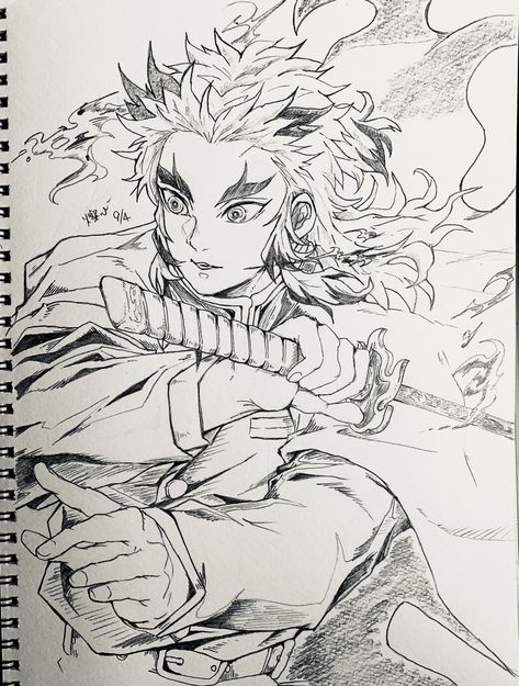 Demon Slayer Hashira Drawing, Rengoku Kyoujurou Sketch, Rengoku Kyoujurou Drawing, Rengoku Sketch, Rengoku Drawing, Manga Drawing Tutorials, Dragon Ball Art Goku, Anime Drawing Books, Anime Canvas Art