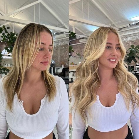 Blonde Hair Extensions Before And After, Beach Blonde Highlights, Blonde Extensions, Blonde Highlights On Dark Hair, Hair Extensions Before And After, Sun Kissed Hair, Blonde Hair Extensions, Dimensional Blonde, Beachy Hair