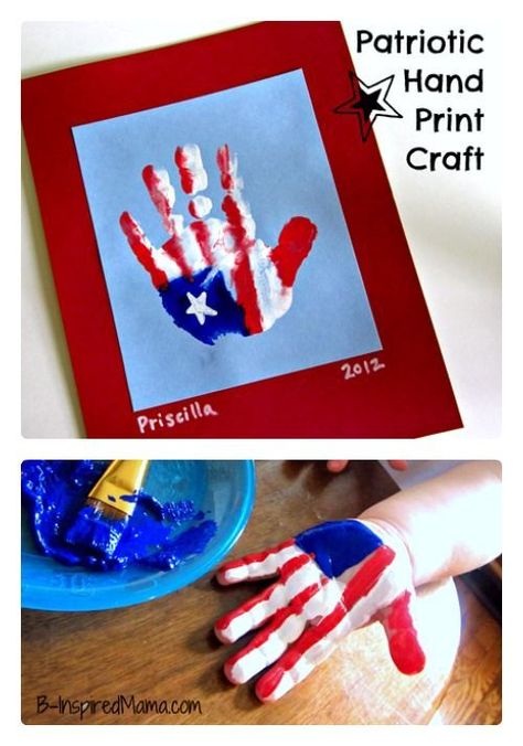 A Cute Kids Patriotic Hand Print Flag Craft - Perfect for Memorial Day, 4th of July, or Veterans Day - at B-Inspired Mama Labor Day Crafts, Foto Kids, Flag Crafts, Footprint Art, Handprint Crafts, Patriotic Crafts, Daycare Crafts, Handprint Art, Patriotic Holidays