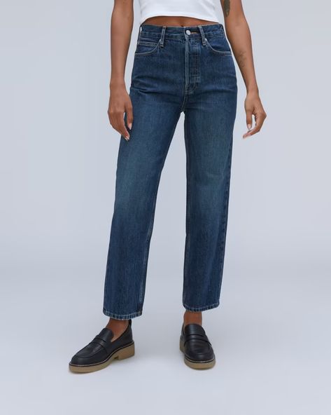 The Local ’90s Cheeky® Jean Deep Indigo – Everlane Business Casual Jeans, Everlane Jeans, Indigo Jeans, Jean Trends, Button Fly Jeans, Straight Leg Denim, Slim Straight Jeans, Best Jeans, Dark Wash Jeans