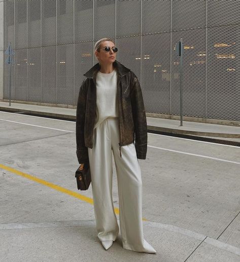 M a r g a r i t a Shapovalova on Instagram: "Husband's jacket" Satin Pants Outfit Casual, Satin Trousers Outfit, White Satin Pants, Trousers Outfit Winter, Satin Pants Outfit, White Leather Pants, Trousers Outfit, Winter Pants Outfit, Leather Pants Outfit