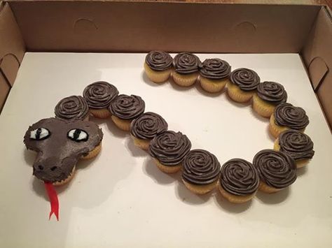 Snake Cake for Reptile party Cupcake Snake Cake, Snake Cake Diy, Snake Cupcake Cake, Snake Party Food, Snake Cake Ideas, Snake Themed Birthday Party, Snake Cupcakes, Snake Cookies, Swamp Cake