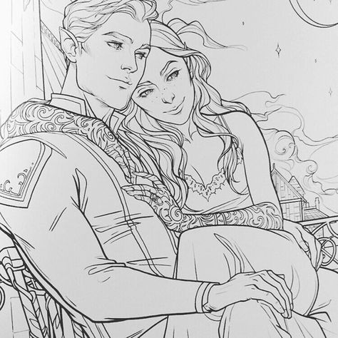 Rhys And Feyre, Adult Coloring Designs, Sarah J Maas Books, Adult Colouring Pages, A Court Of Mist And Fury, Arte Sketchbook, Fan Book, Coloring Book Pages, Book Characters