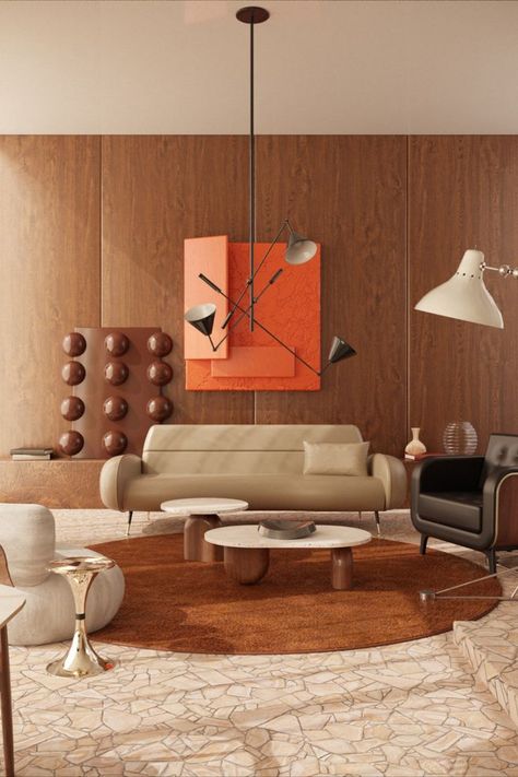 Mid-century living room with a brown round rug Midcentury Contemporary Living Room, Post Modern Contemporary Interior Design, Mid Century Living Room Art, Mid Century Modern Asian Decor, Mid Century Small Apartment, Mid Century Modern Commercial Interiors, Post Modern Interior Design Mid Century, Mid Century Modern Living Room Wall Art, Midcentury Living Rooms