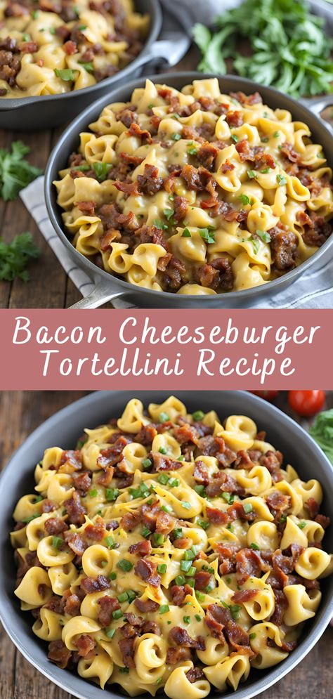 Bacon Cheeseburger Tortellini Recipe | Cheff Recipes Tortellini And Burger Recipes, Tortellini With Bacon, Tortellini Recipes With Hamburger, Bacon Cheeseburger Tortellini, Tortellini Hamburger Recipes, Tortellini With Ground Beef, Ground Beef And Tortellini Recipes, Tortellini Recipes With Ground Beef, Hamburger Tortellini Recipes