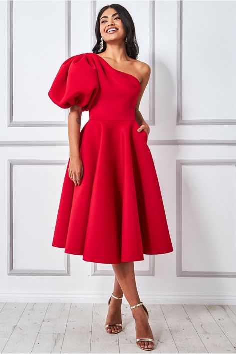 Skater Dress Formal, Red Wedding Guest Dresses, Skirt Making, Formal Occasion Dress, Full Midi Skirt, Frock For Women, Red Dresses Classy, One Shoulder Midi Dress, Summer Wedding Dress