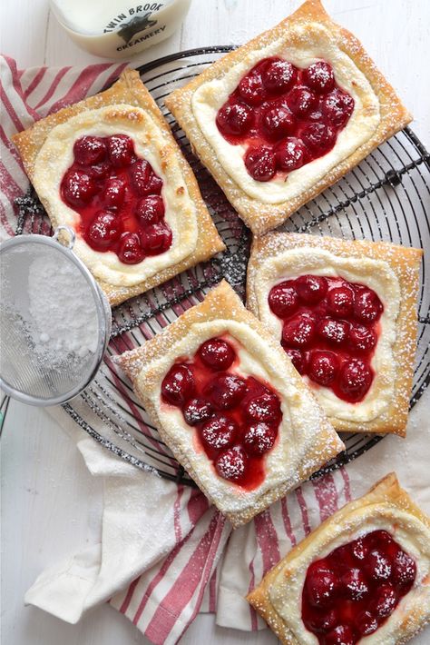 Quick and Easy Cherry Cream Cheese Danishes - www.countrycleaver.com Cream Cheese Danishes, Small Pastries, Cream Cheese Puffs, Cheese Danishes, Cherry Cream Cheese, Cream Cheese Puff Pastry, Cheese Puff, Cream Cheese Danish, Cheese Puff Pastry