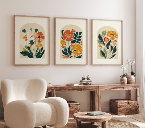 Boho Abstract Flowers Print Set of 3, Terracotta Prints, Floral Wall Art, Vintage Art Print, Boho Printable Art, Flower Market Poster - Etsy Print Sets Wall Art, Design Workshop Poster, Boho Bedroom Painting, 3 Set Paintings Wall Art, Simple Floral Art, Terracotta Prints, Abstract Art Flowers, Gallery Wall Boho, Floral Gallery Wall