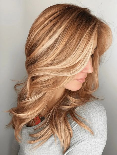 Grey Blending Highlights Strawberry Blonde, Blonde Highlights Over Red Hair, Brown Redish Hair With Blonde Highlights, Strawberry Carmel Hair, Root Smudge Golden Blonde, Reddish Blonde Balayage, Medium Hair With Lots Of Layers, Fall Hair For Blue Eyes, Summer Strawberry Blonde Hair