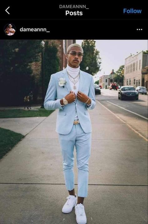 Men’s Suits For Prom, Hocoming Ideas Men, Prom Suits For Men Turtle Neck, Colored Tuxedo Prom, Homecoming Suits For Boys White, Light Blue Hoco Outfit Men, Matric Ball Suits Men, Prom Suits For Men Light Blue, Light Blue Suit Men Prom