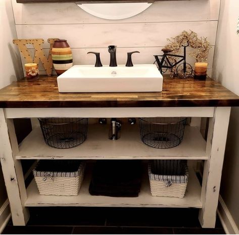 Open Shelves Bathroom Vanity, Pallet Bathroom Vanity, Vacation Interior, Bathroom Remake, Bathroom Vanity Diy, Cabin Inside, Bathroom Tub Shower Combo, Pallet Bathroom, 2024 Bathroom