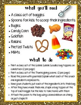 THANKSGIVING SNACK MIX {GOBBLE GOBBLE GOODIES} {FUN POEM} AND {BAG TOPPERS} - TeachersPayTeachers.com Thanksgiving Trail Mix Poem, Friendship Mix Snack Thanksgiving, Thanksgiving Friendship Snack, Thanksgiving Snack Mix For Kids, Thanksgiving Goodie Bags For Kids, Thanksgiving Ideas For Kids, Thanksgiving Treat Bags, Thanksgiving Goodie Bag, Thanksgiving Snacks