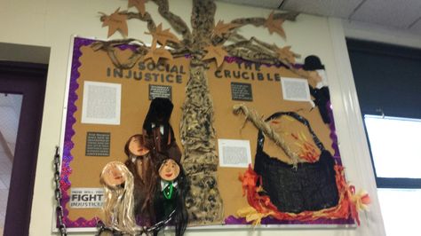 The Crucible Tree is made from brown paper bags. The Crucible Bulletin Board, High School English Classroom, Contest Ideas, Brown Paper Bags, The Crucible, Salem Witch Trials, Witch Trials, Mural Ideas, Door Murals