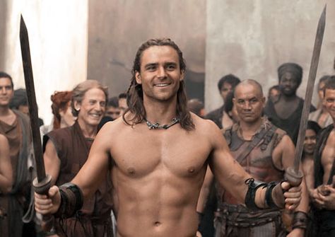 Spartacus-gods-of-arena-21 Gannicus Spartacus, Peter Mensah, Spartacus Vengeance, Dustin Clare, Gods Of The Arena, Spartacus Workout, Australian Actors, The Arena, Swords