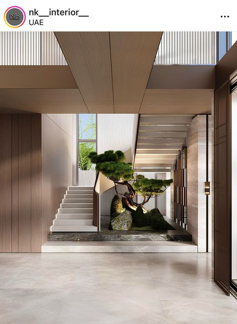 Double Staircase Modern, Stairs Middle Of House, Double Height Entrance Foyer, Home Reception Interior Design, Villa Hallway, Double Height Entrance, Ceramic Showroom, Staircase Interior Design, Small Bungalow