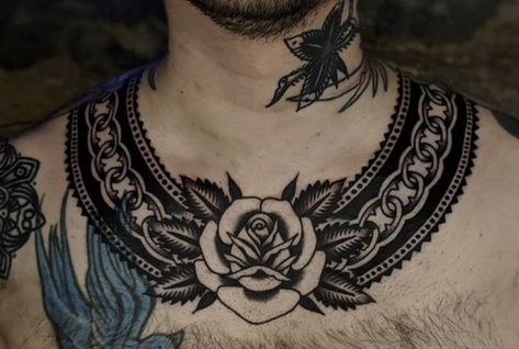 Traditional Chest Tattoo, Collar Tattoo, Traditional Tattoo Drawings, Traditional Black Tattoo, Cowboy Tattoos, Torso Tattoos, Back Piece Tattoo, Aztec Tattoo, Old School Tattoo Designs