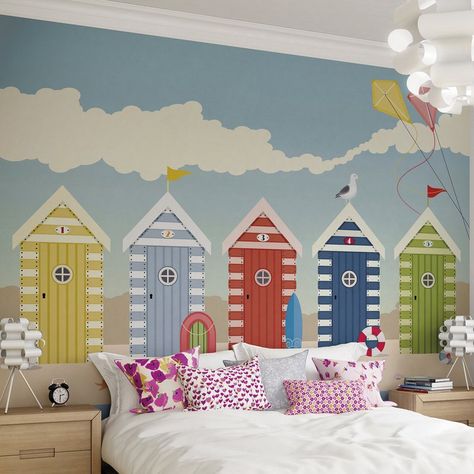 Wall Mural Seaside Bedroom, Seaside Wallpaper, Beach Wall Murals, Deco Marine, Beach Themed Bedroom, Beach Huts, Ideas Hogar, Beach Wall Decor, Mobil Home