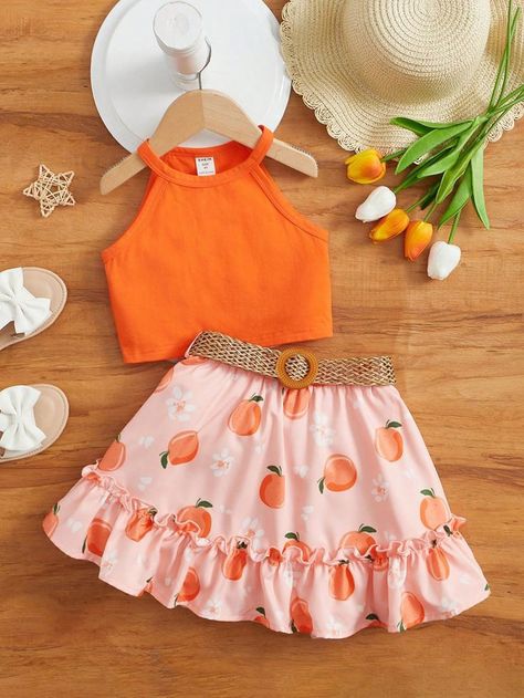 Crop Tops For Kids, Cotton Frocks For Kids, Peach Print, Kids Dress Collection, Baby Clothes Patterns Sewing, Belted Skirt, Girl Fashion Style, Top Halter