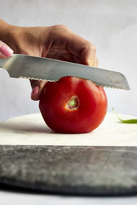 How to Cut a Tomato (3 Ways) - Food Dolls Freezing Tomatoes, Food Dolls, Kitchen Basics, Stir Fry Dishes, Red Tomato, Cooking Basics, Ripe Tomatoes, Sliced Tomato, Vitamin K