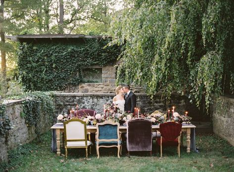 This dusty gemstone wedding inspiration with vintage furniture and velvet was created by a team of local DC artisans, and we are obsessed! #alfrescodining #manorweddingvenue #velvetweddings #vintagefurnitureweddings Gemstone Wedding, Wedding Furniture, Rental Decorating, Vintage Rentals, Wedding Story, Small Wedding, Intimate Wedding, Garden Wedding, Future Wedding