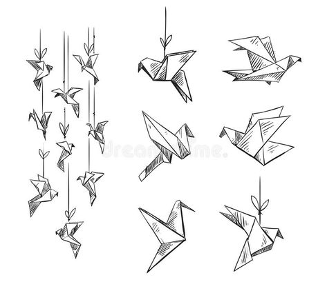 Birds Origami, Crane Drawing, Umbrella Drawing, Birds Vector, Origami Tattoo, Origami Birds, Origami Fashion, Bird Sketch, Origami Bird