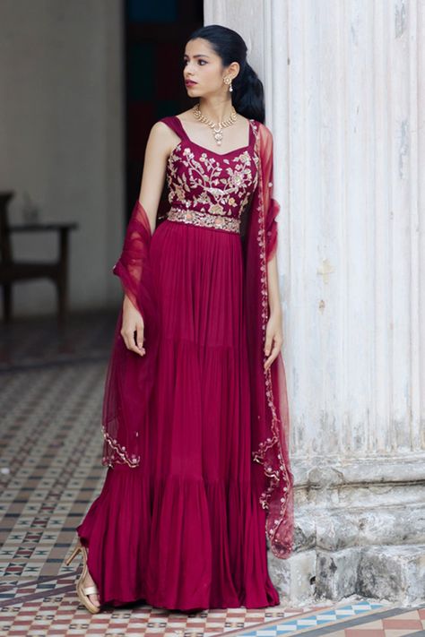 Buy Paulmi and Harsh Purple Crepe Tiered Anarkali With Dupatta Online | Aza Fashions Tiered Anarkali, Paulmi And Harsh, Purple Anarkali, Red Anarkali, Anarkali With Dupatta, Anarkali Dresses, Net Embroidery, Embellished Belt, Embroidered Neckline