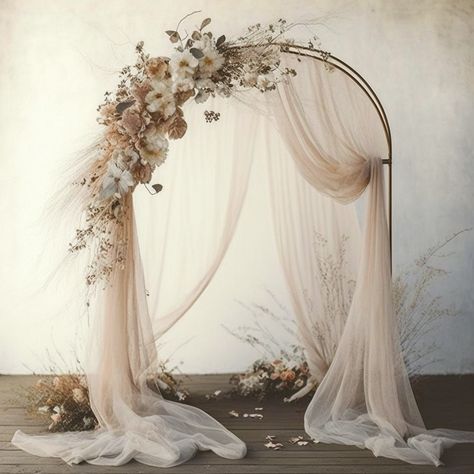 Tule Arch Wedding, Curved Wedding Arch Ideas, Wedding Alter Background, Elegant Arch Wedding, Champagne Wedding Arch, Ethereal Wedding Backdrop, Aesthetic Wedding Arch, Candle Wedding Arch, Whimsical Arch Wedding