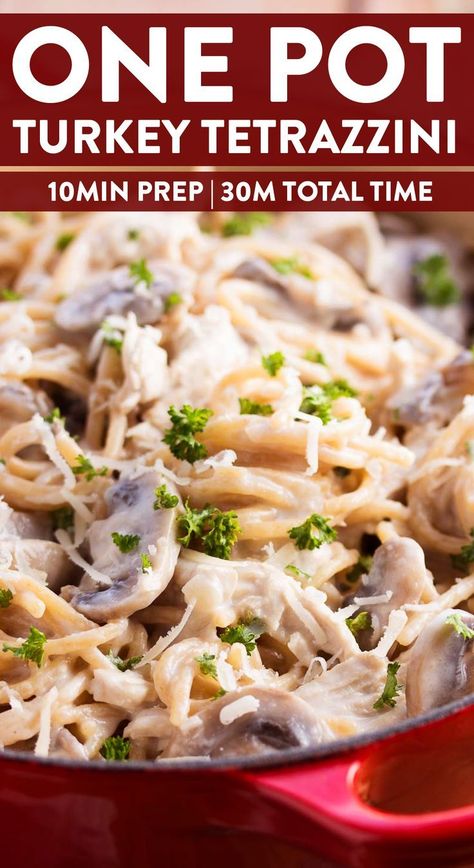 Turkey Tettrazini Recipes, Healthy Tuscan Chicken, Turkey Tetrazzini Easy, Easy One Pot Pasta, Turkey Casserole Recipe, Gnocchi Dishes, Turkey Tetrazzini, Turkey Pasta, Recipe For One