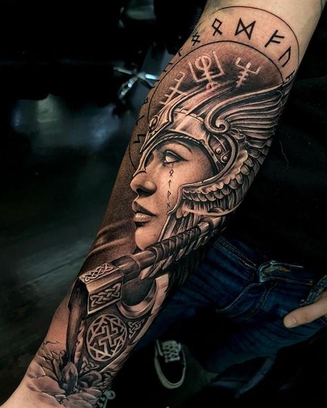 Viking Sleeve Tattoo Women, Sleeve Tattoos Viking, Viking Couple Tattoo, Viking Sleeve Tattoo, Viking Sleeve, Tattoo Men Sleeve, Viking Tattoos For Men, Athena Tattoo, Viking Warrior Tattoos