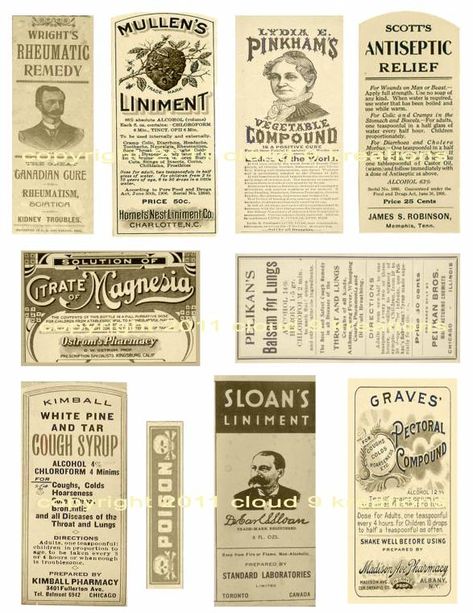 Printable Vintage Medicine Labels Vintage Medicine Bottle, Old Medicine Bottles, Vintage Medicine, Printable Toys, Craft Papers, Bottle Labels Printable, Apothecary Labels, Dollhouse Printables, Journal Project