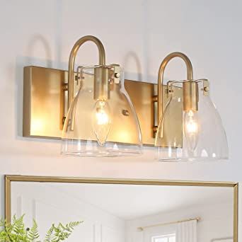 KSANA Bathroom Vanity Light Fixtures, 2 Lights Gold Bathroom Light Fixtures with Clear Glass Shade, Gold Vanity Light for Bathroom, Kitchen, Hallway, 13.5" L x 6.5" W x 8" H - - Amazon.com Gold Bathroom Light Fixtures, Gold Vanity Light, Modern Bathroom Light Fixtures, Gold Vanity, Modern Vanity Lighting, Vanity Light Bar, Modern Bathroom Lighting, Light Fixtures Bathroom Vanity, Classic Mirror