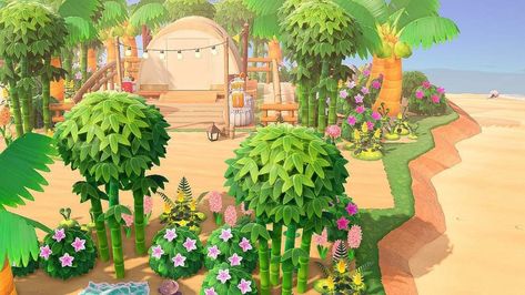 Tropicalcore Animal Crossing, Beachy Animal Crossing Island, Tropical Animal Crossing, Animal Crossing Tropicore Ideas, Acnh Tropical Villagers, Acnh Tropicore Villagers, Animal Crossing Hawaiian Design, Tropical Island Acnh, Animal Crossing Tropical Island