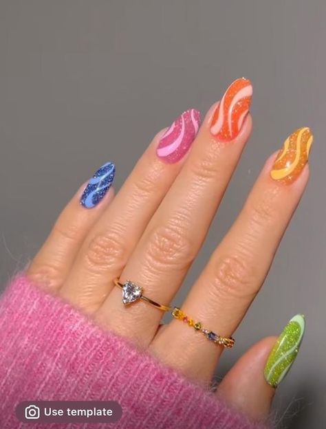 Gel art nail design with glitter, multi color Sparkly Nails Colorful, Rainbow Sparkly Nails, 70s Disco Themed Nails, Colorful Sparkly Nails, Rainbow Inspired Nails, Colorful Cat Eye Nails, Disco Nail Designs, Summer Nails Glitter Sparkle, Glitter Cuticle Nails