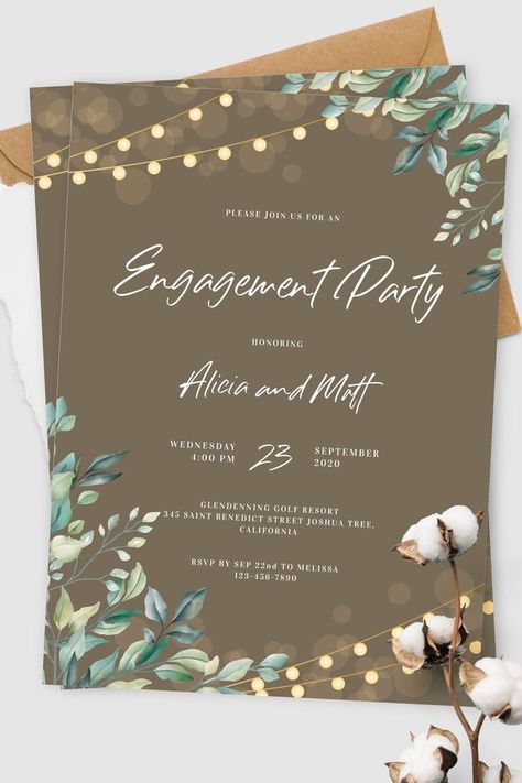 Rustic theme-inspired engagement party invitation featuring classic garland and greenery decorations. Customize this template to your own preferences and download or order printed. #engagementinvitation #engagementinvitationcard #engagementpartyinvitations #engagementinvitationtemplate #invitationcardforengagement Simple Engagement Invitation Cards, Simple Engagement Cards, Invitation Card Design Engagement, Engagment Invites Cards, Invitation Card Design Simple, Engagement Cards Ideas Invitations, Engagement Invitation Cards Template, Inauguration Invitation Card, Invitation Card Design Ideas