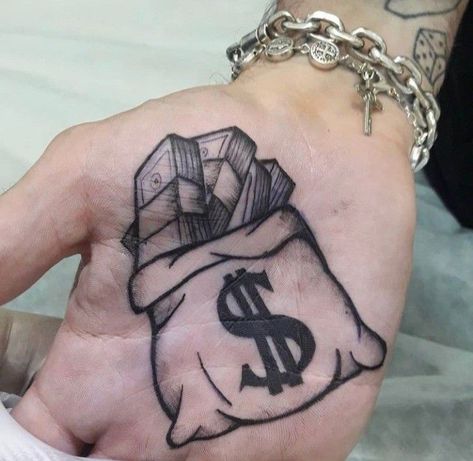 50 Dollar Tattoo Ideas, All In Tattoo, Moneybag Tattoos, Hand Palm Tattoos, Money Bag Tattoo, Emoji Tattoo, Dollar Tattoo, Tattoo Ideas Males, Shoulder Sleeve Tattoos