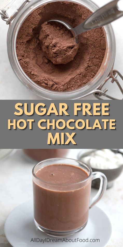 This easy sugar free hot chocolate mix makes ultra rich, decadent keto hot chocolate. It takes five basic ingredients and about 2 minutes of your time to make. And check out all the delicious flavor variations! Keto Hot Chocolate With Cocoa Powder, Low Cal Hot Chocolate Recipe, Keto Drinking Chocolate, Bariatric Hot Drinks, Keto Hot Chocolate Heavy Cream, Keto White Hot Chocolate, Thm Hot Chocolate Mix Recipe, Keto Cocoa Recipes, Ww Hot Chocolate