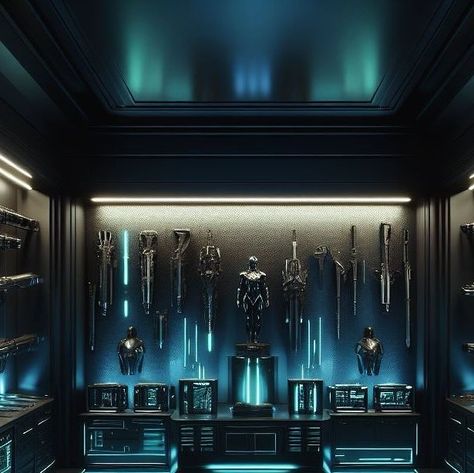 3D Artist | Project Manager on Instagram: "Delving into the depths of my imagination, I've brought to life the intersection of technology and artistry with my latest 3D creation. Behold a meticulously crafted armory room, where the cool blue hues are not just a color but the essence of futuristic design. Each piece, from the sleek firearms to the imposing armor, is a testament to the detail and passion invested into every pixel. This is where digital craftsmanship meets the frontiers of fantasy. #3DArt #DigitalArmory #FuturisticDesign #SciFiArt #3d #3dart #3dartist" Armory Room Fantasy, Armory Room, Fantasy Army, Technology Future, Space Technology, Artist Project, My Imagination, Project Manager, Futuristic Design