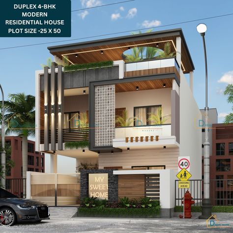 Bunglow Elevation Modern India, 25×50 House Elevation, East Facing Elevation Designs G+1, G+1 House Elevation Indian, Duplex Elevation, Modern Residential House, Pagar Modern, Design Floor Plans, Indian House Exterior Design