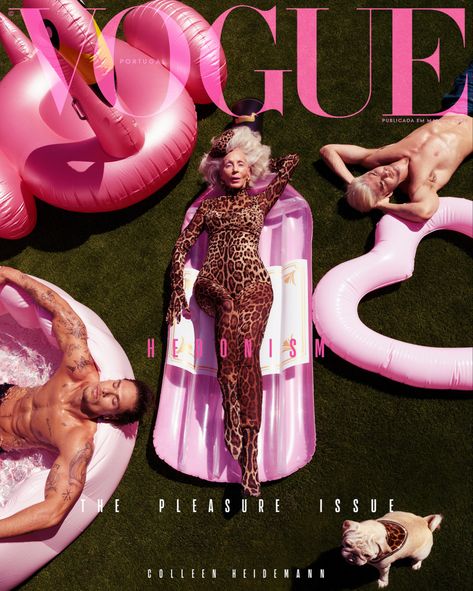 Colleen Heidemann on the cover of Vogue Portugal. Hedonism , pink , anti ageism , flamingo , pug , dog , pet , pleasure , fun , iconic , vogue , fashion photography , mature , cover , big hair , fun has no age , abundance , los angeles , palm springs , vibe , mood , estetic , high end , glorious , glamourous , leopard Vogue Portugal, Vogue Magazine Covers, Fashion Magazine Cover, Magazine Cover Design, Photoshoot Themes, Vogue Covers, Cover Girl, Photoshoot Concept, Chanel Vintage