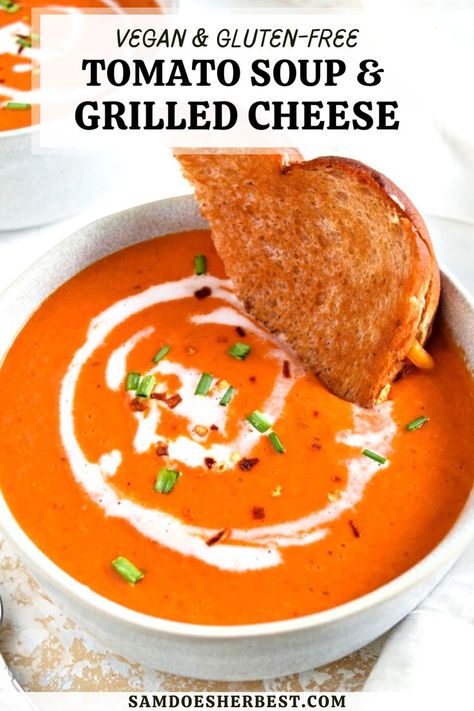 Dairy Free Grilled Cheese, Gluten Free Grilled Cheese, Gluten Free Tomato Soup, Dairy Free Tomato Soup, Soup Grilled Cheese, Vegan Grilled Cheese, Tomato Soup Grilled Cheese, Grilled Cheese And Tomato Soup, Vegan Tomato Soup