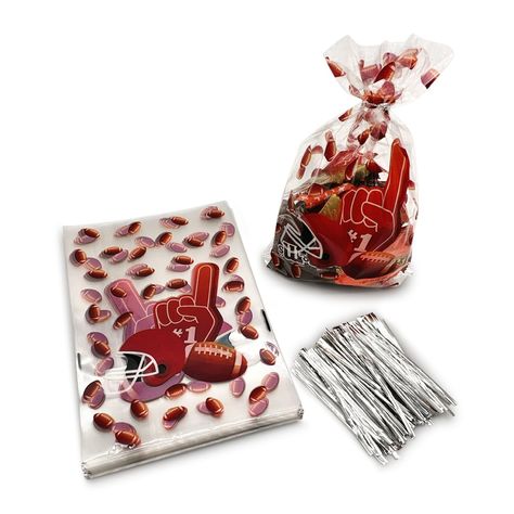 PRICES MAY VARY. Package Includes | Pack includes 100 Pieces of double sided football cellophane bags and 100 pieces of silver twist ties | Perfect for small or large parties Bag Size | Each Football treat bag measures 9” x 6”| Perfect size for cookies, candy, party favors and snacks | Durable and Strong Football Design| Double sided with vibrant color detail | Designed with football patterns including footballs and helmet | Clear Bag with double sided football patterns allows goodies in bag to Football Treat Bags, Birthday Party Goody Bags, Football Candy, Party Goody Bags, Football Treats, Football Theme Birthday, Football Party Favors, Candy Bag Favors, Chocolate Pack