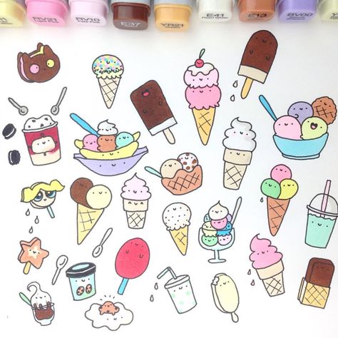 Happy #nationalicecreamday 🍦 What's your favorite #icecream? 🍧🍨🍧🍨 Here are some of my favorites ✨ Favorite "classic" ice cream flavor: Hazelnut and stracciatella 🌰 Favorite "fancy" ice cream flavor: poppy-seed 🍦 Favorite sundae: banana split 🍌 Favorite HäägenDazs flavor: Cookies and Cream 🍦Favorite Ben & Jerry's flavor: Cookie Dough 🍪 Classic german popsicles I ate a lot "back then": Brauner Bär and Zimteisstern ⭐️ Popsicle / ice cream I often eat today: 🍬 BumBum and Domino Eis 🍫 ... Easy Doodles, Doodle Inspiration, Cute Food Drawings, Kawaii Doodles, Ice Creams, Bullet Journal Doodles, Food Drawing, Color Pencil Drawing, Journal Doodles