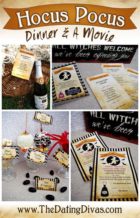 Hocus Pocus themed Dinner & a Movie with a FREE download for all the fun printables.  The flirty love spell book is my favorite.  Hubby's gonna loooove me! Hocus Pocus Themed Dinner, Hocus Pocus Dinner, Movie Night Dinner, Hocus Pocus Movie, Hocus Pocus Party, Disney Dinner, Disney Movie Night, Halloween Movie Night, Movie Themed Party