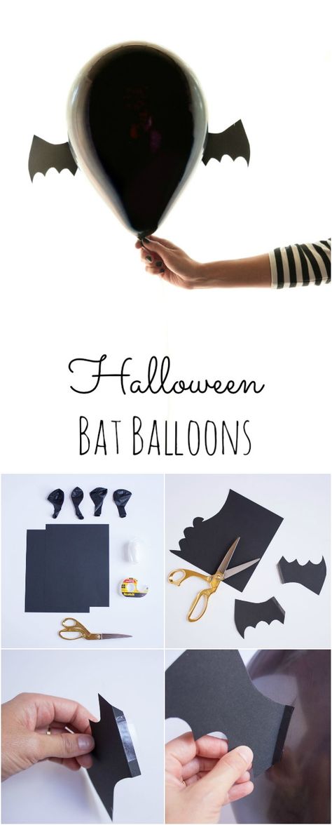 Transform black balloons into bats for your Halloween party! || Design Improvised blog Black Balloon Halloween Decorations, Bat Themed Party, Bat Birthday Party, Batman Balloons, Halloween Bats Diy, Bat Party, Vampirina Party, Vampirina Birthday, Balloons Design