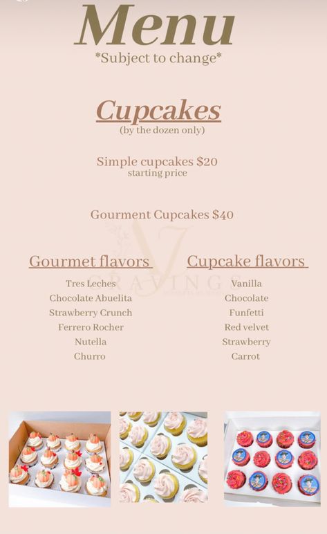 Cupcake Selling Ideas, Cupcake Pricing Chart 2023, Small Baking Business Aesthetic, Cupcake Menu Ideas, Cupcake Small Business, Dessert Price List, Cupcake Business Ideas, Baking Buissnes, Cupcake Buisness Ideas