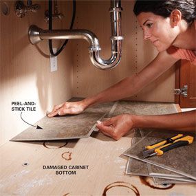 Peel and stick tiles under the sink. Looks clean and is easy to wipe the surface. SO need to do this here! Diy Bathroom Storage, Herringbone Backsplash, Casa Country, Real Estat, Kitchen Decorating, Home Upgrades, Home Repairs, Stick On Tiles, Diy Bathroom