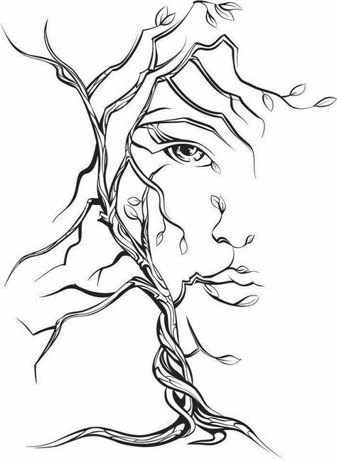 Face In Tree Drawing, Tree With Face Drawings, Tree Face Drawing, Cool Silhouette Art, Silhouette Drawing Ideas, Tree With Face, Female Silhouette Art, Tre Kunst, Tree Faces