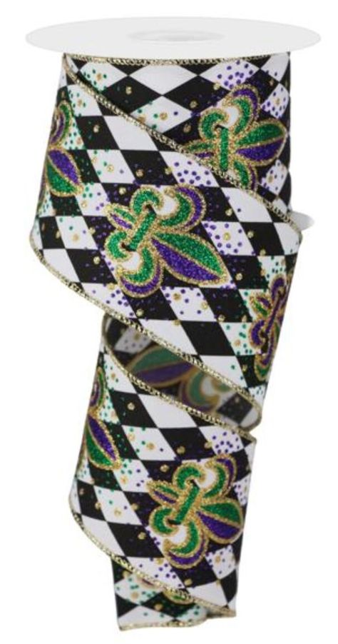 2.5" x 10 yards Fleur de Lis Harlequin Mardi Gras Glitter Ribbon Item #: RGE1703 Color: Black/White/Mardi Gras Material: 100% Polyester Mardi Gras Christmas, Mardi Gras Colors, Harlequin Pattern, Glitter Ribbon, Wreath Supplies, Diamond Print, Wreath Bow, Handmade Wreaths, Black White Gold